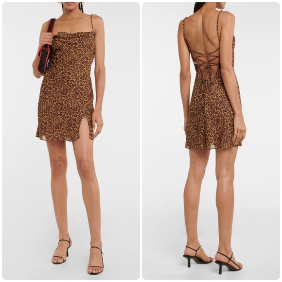 New! Staud Bellamy Leopard Print Cowl Neck Lace Up Back Mini Dress🤎 XL NWT! - Picture 9 of 16